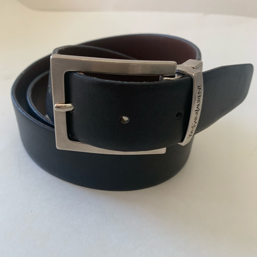 Yves Saint Laurent Black Leather Men's Belt with Silver-Tone Buckle Large